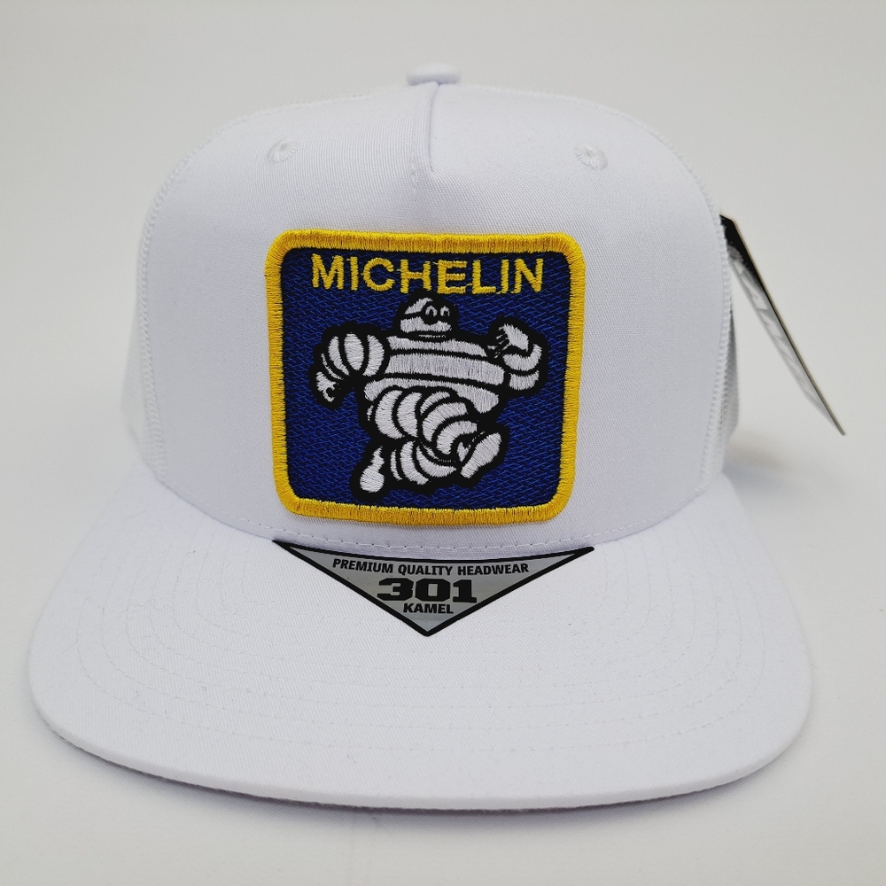 Michelin Man Embroidered Patch Flat Bill Trucker Mesh Snapback Cap Hat White